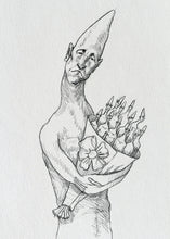 homem com buquê de homens amargurados — Desenho Original