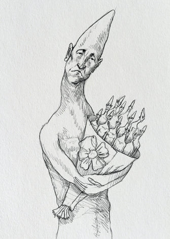 homem com buquê de homens amargurados — Desenho Original