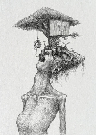 homem se divertindo sobre as raízes de sua angústia — Desenho Original