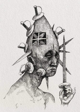 homem se esquivando entre suas próprias escolhas — Desenho Original