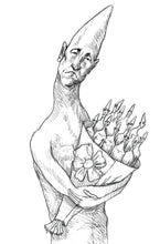 homem com buquê de homens amargurados — Desenho Original